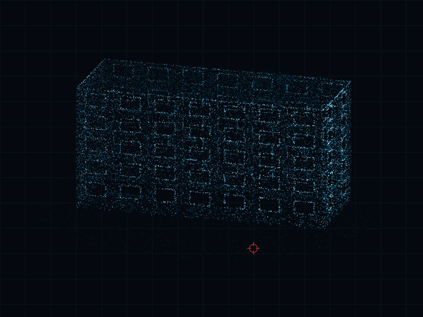 Point-cloud rendering of a five-storey residential block with a regular window grid