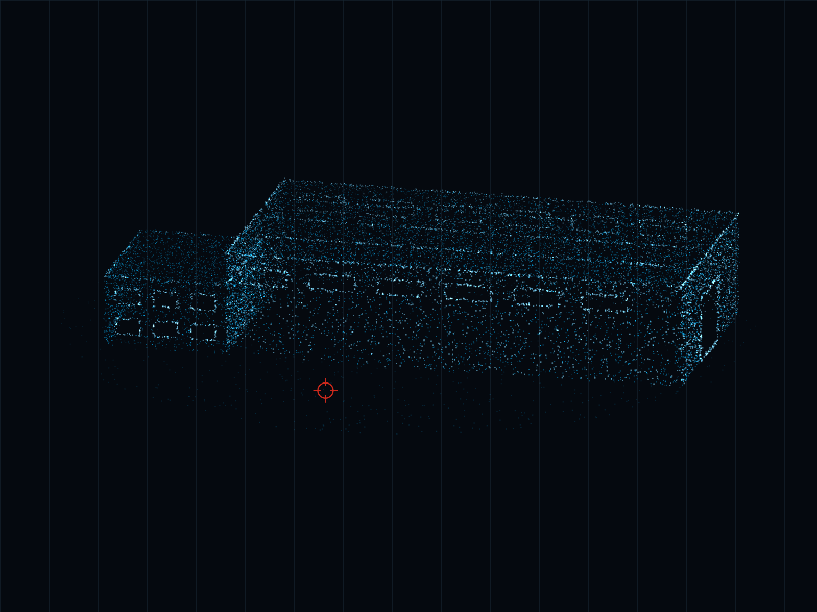 Point-cloud rendering of a long industrial hall with clerestory windows and an attached office wing